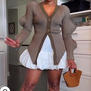Ribbed Puff-Sleeve Cardigan Sweater in Olive